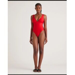 Quince Red One-Piece Swimsuit M NWT UPF 50 Recycled Fabric V-Neck